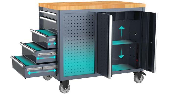 Custom Abundant Combination of Drawers, Shelves, and Panels of Machan Island Workbench Trolley